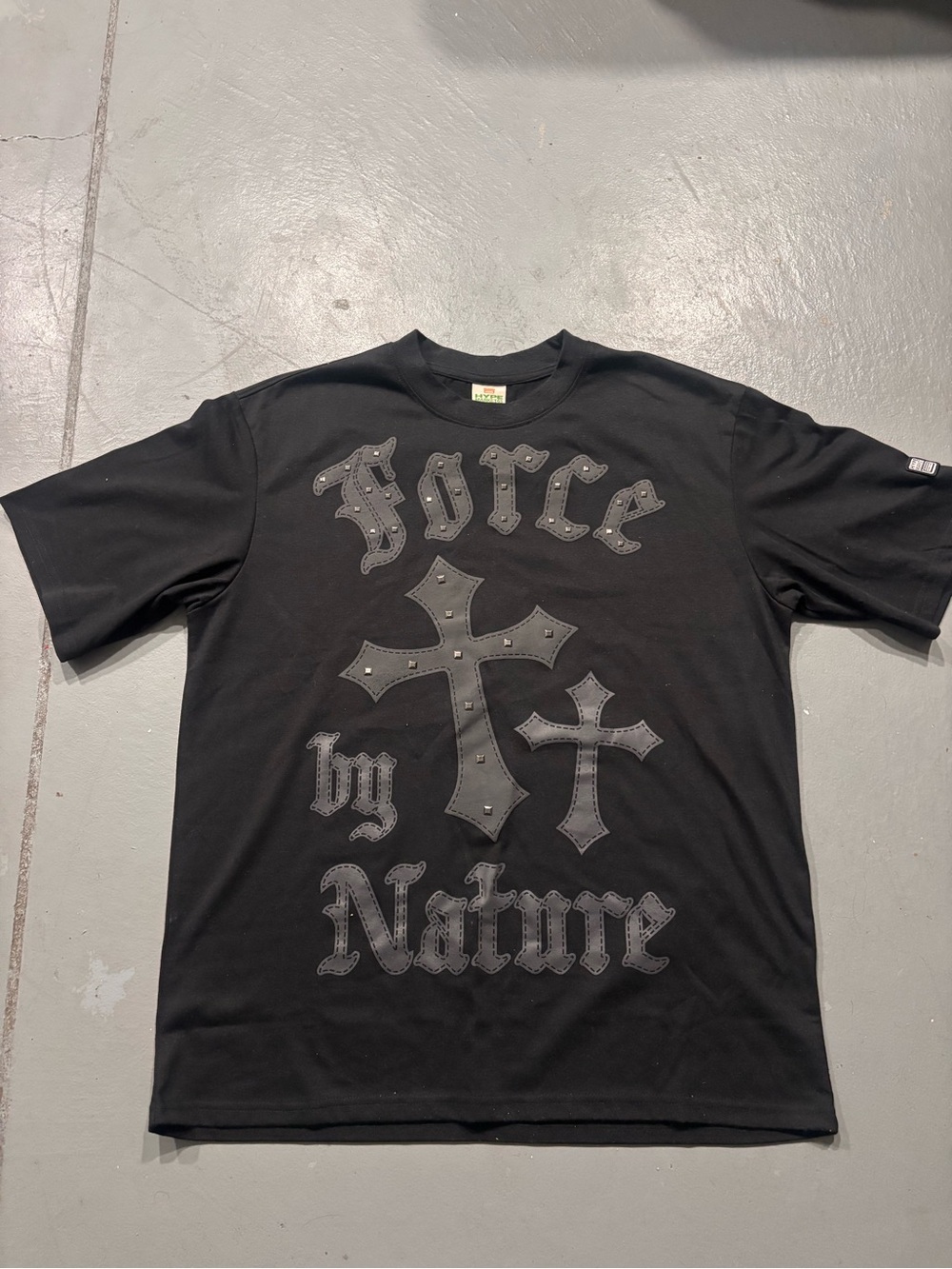 Hype Black Graphic 'Force by Nature' Tee with Stud Crosses
